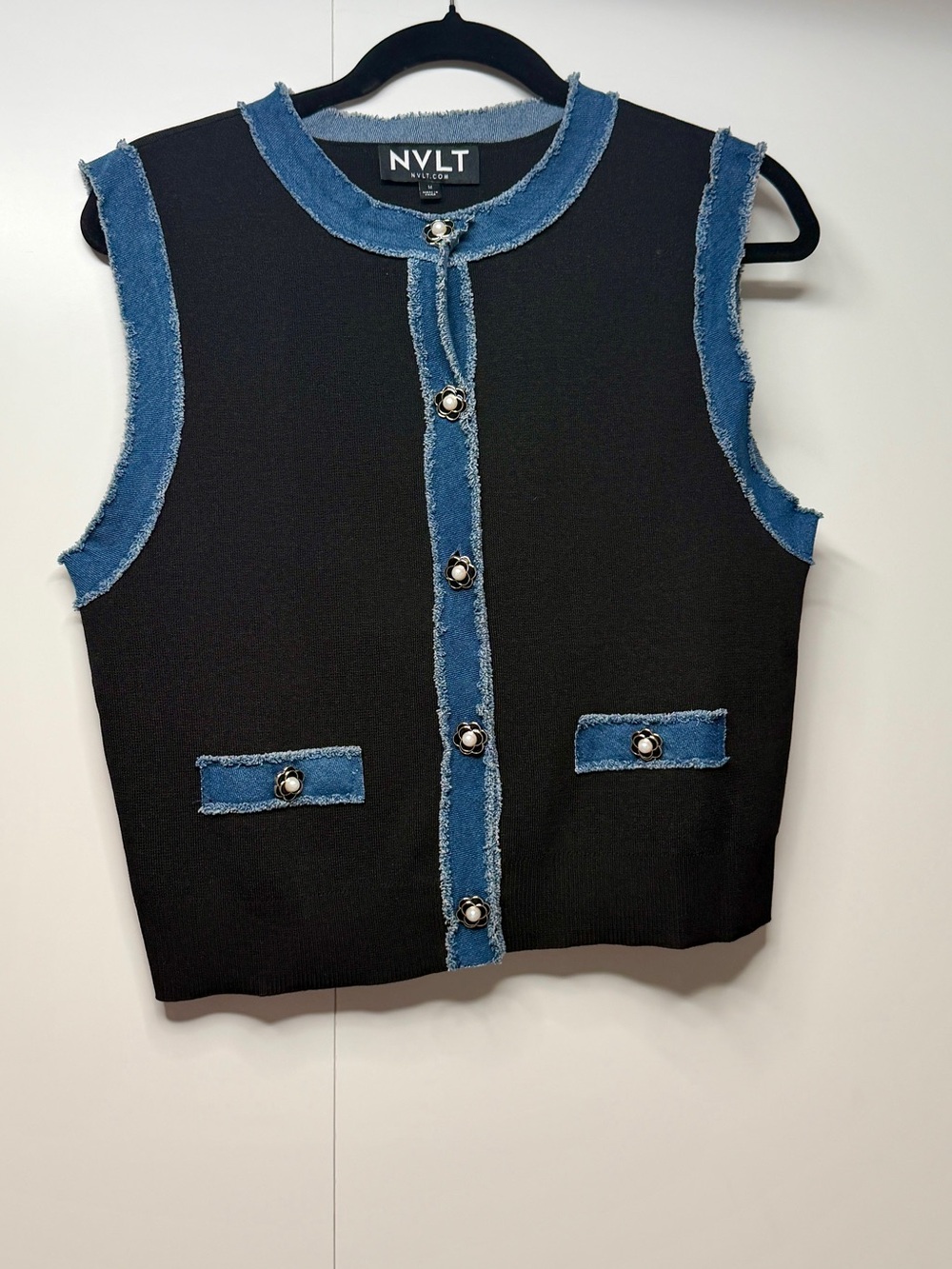 NVLT Black Knit Vest with Frayed Blue Denim Trim and Pearl Buttons